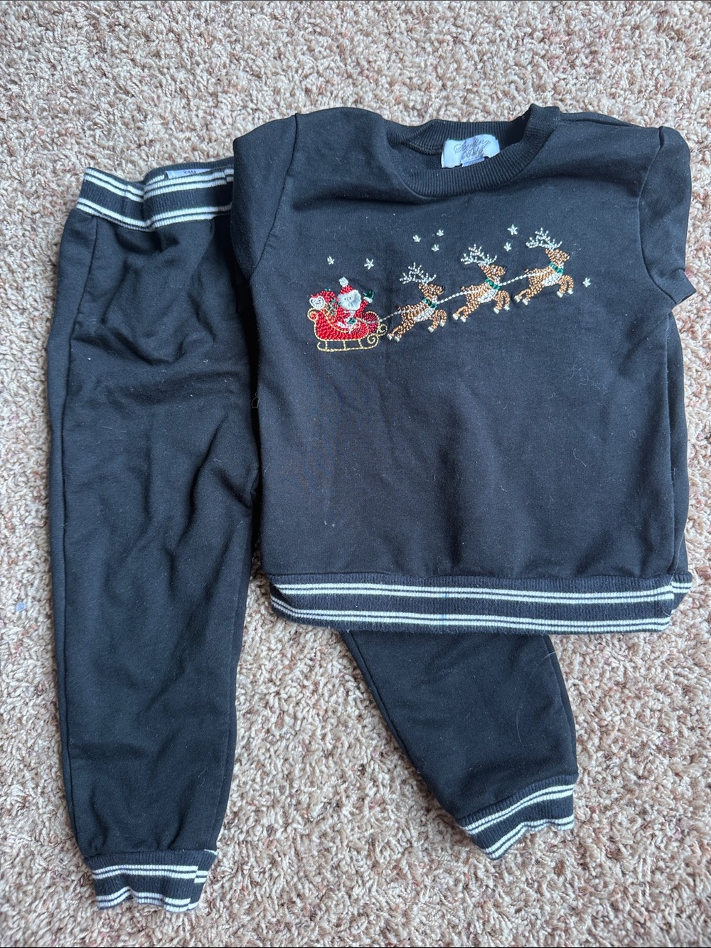 Kids Black Holiday Sweater & Jogger Set with Santa Sleigh Embroidery